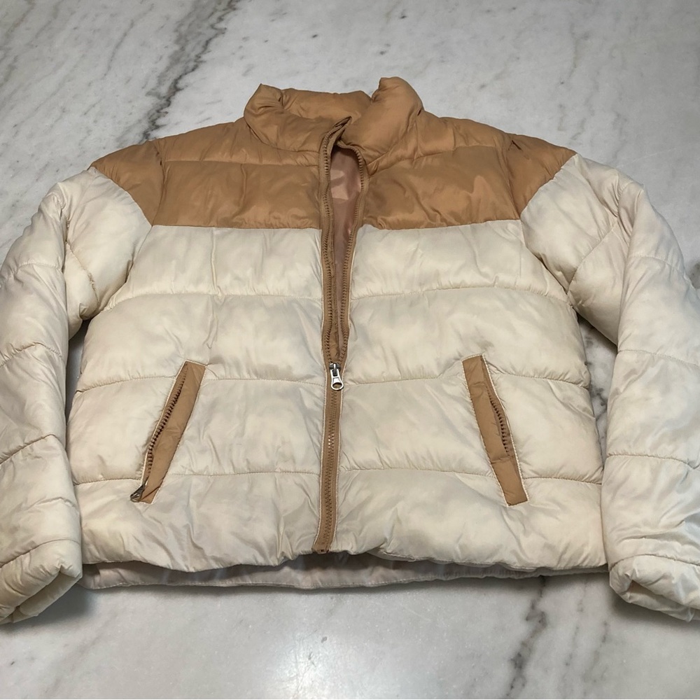 Stylish Women's Tan and Cream Puffer Jacket